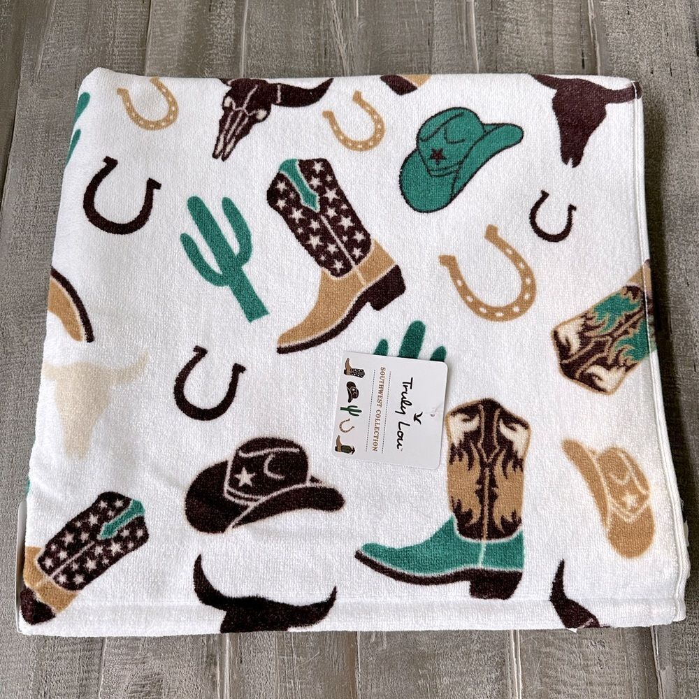 Cowboy Western Hat Boots Cactus Horseshoe Print Cotton Bath Towel